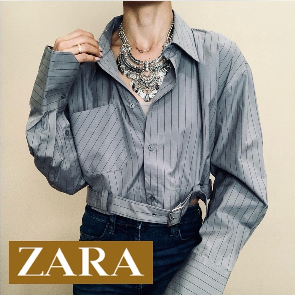 Zara collared crop shirt belted stripe long sleeve flattering dart back NWT rare